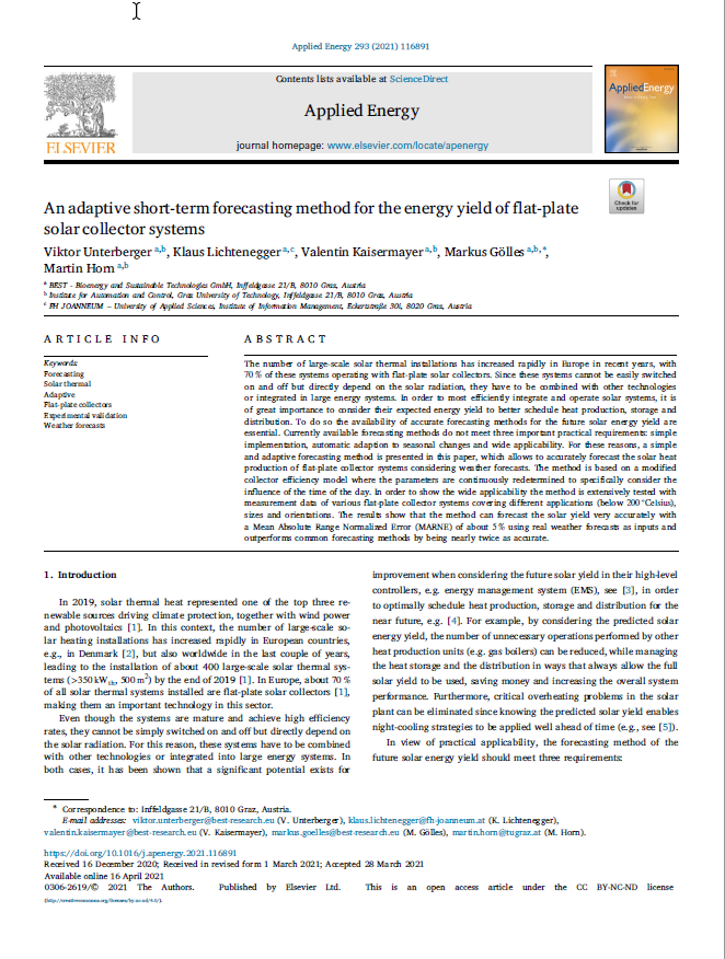 An adaptive short-term forecasting method for the energy yield of flat-plate solar collector systems